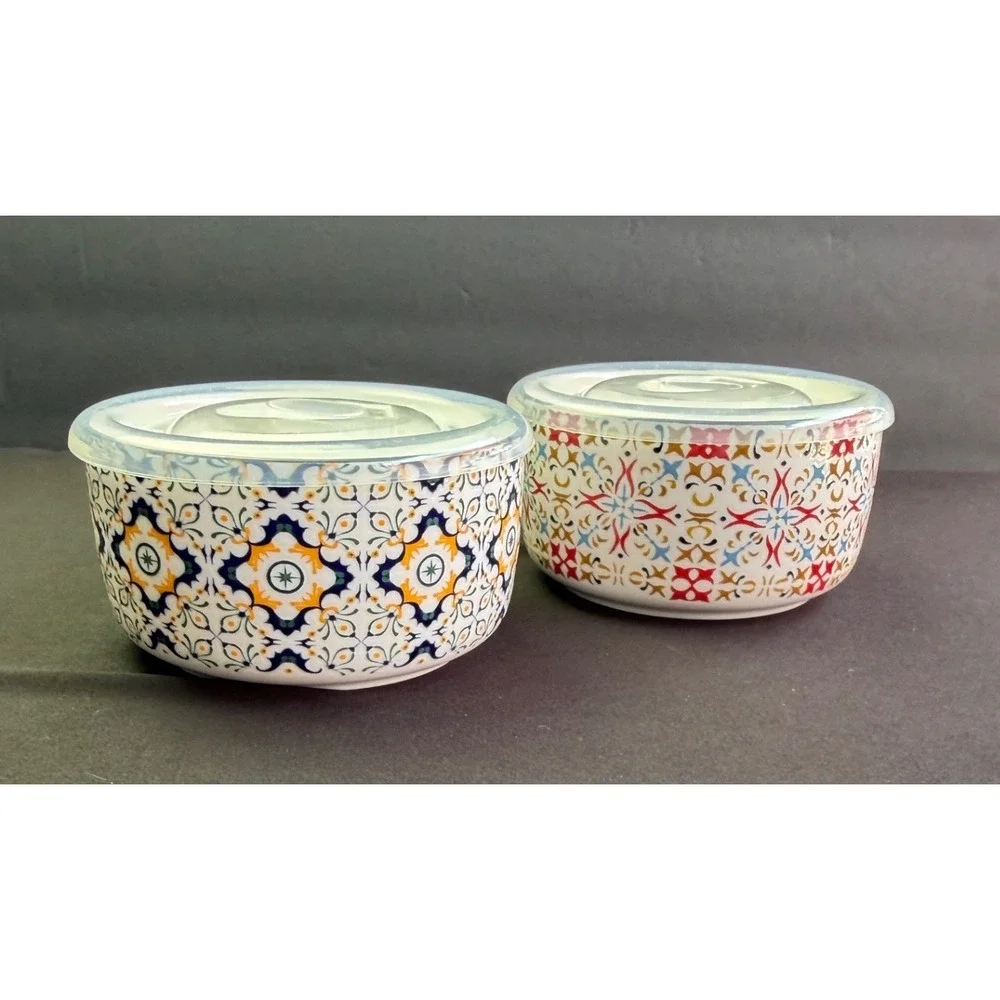 2 Signature Housewares Stoneware Storage Bowls Vented Lids Boho Mediterranean